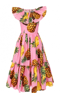 Приталенное платье-миди с ярким принтом и оборками Dolce &amp; Gabbana