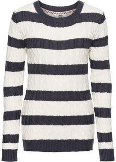 Вязаный пуловер с круглым вырезом горловины (серый меланж/черный в полоску) Bonprix
