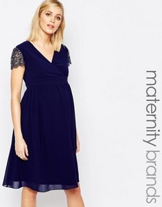 Короткое приталенное платье для беременных с декорированными рукавами Little Mistress Maternity - Темно-синий