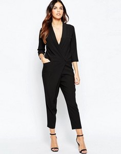 Комбинезон с запахом спереди и длинными рукавами ASOS - Черный