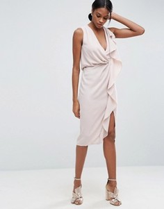 Платье-футляр миди с рюшами спереди ASOS - Бежевый