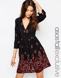 Короткое приталенное платье на пуговицах с вышивкой ASOS TALL - Черный
