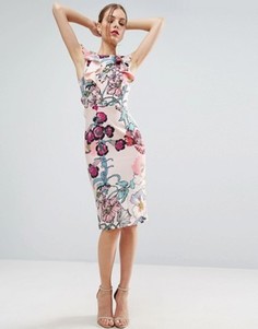 Платье-футляр с оборками и размытым цветочным принтом ASOS - Мульти
