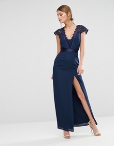 Платье макси с высоким разрезом и фигурным кружевом Elise Ryan - Темно-синий