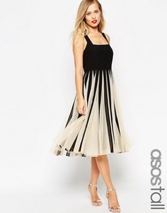 Платье миди с юбкой-годе и сетчатой вставкой ASOS TALL - Розовый