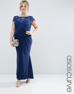 Плиссированное платье макси с кружевным топом ASOS CURVE WEDDING - Темно-синий