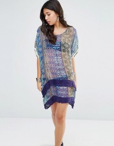 Шелковое асимметричное свободное платье с принтом Gypsy 05 - Синий