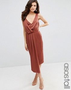 Драпированное платье миди с перекрестными бретельками сзади ASOS TALL - Коричневый