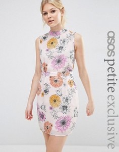 Платье мини с высокой горловиной и цветочным принтом ASOS PETITE - Мульти