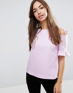 Креповый топ с вырезами на плечах, завязками и рюшами на рукавах ASOS - Фиолетовый