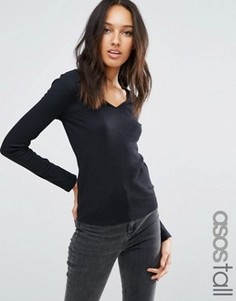 Меланжевый облегающий лонгслив с V‑образным вырезом ASOS TALL - Черный