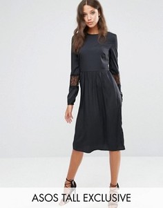 Платье миди с длинными рукавами и кружевными вставками ASOS TALL - Черный