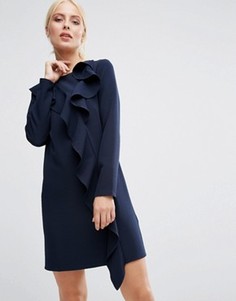 Цельнокройное платье с длинными рукавами и оборкой спереди ASOS - Синий