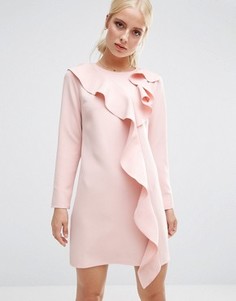 Цельнокройное платье с длинными рукавами и оборкой спереди ASOS - Розовый