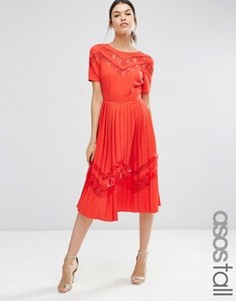 Плиссированное платье миди с кружевными вставками ASOS TALL Premium - Красный