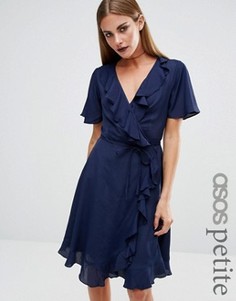 Однотонное чайное платье миди с запахом для миниатюрных ASOS PETITE - Темно-синий