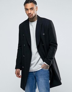 Полушерстяное черное двубортное пальто ASOS - Черный