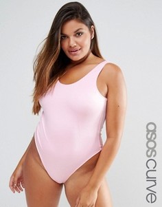 Блестящее боди с высоким вырезом по линии бедра ASOS CURVE - Розовый