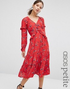 Платье миди с V‑образным вырезом, рюшами и винтажным цветочным принтом ASOS PETITE - Мульти