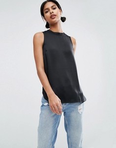 Атласный топ без рукавов с горловиной в рубчик ASOS - Черный