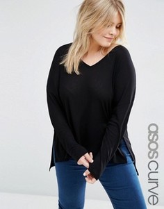 Свободный топ с длинными рукавами и V-образным вырезом ASOS CURVE - Черный