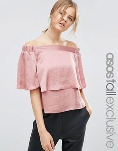 Атласный топ с открытыми плечами и оборками ASOS TALL - Розовый