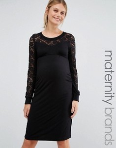 Трикотажное платье для беременных с кружевными рукавами Mamalicious - Черный Mama.Licious