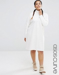 Свободное платье с высокой горловиной и рукавами в рубчик ASOS CURVE - Кремовый