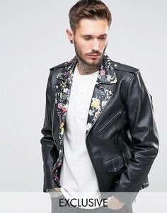 Байкерская кожаная куртка с цветочным принтом на воротнике Reclaimed Vintage - Черный