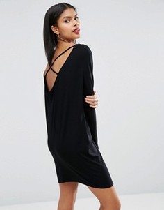 Платье мини с длинными рукавами, бретельками и драпировкой сзади ASOS - Черный