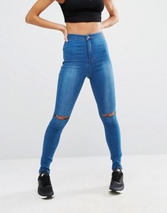 Зауженные суперэластичные джинсы с завышенной талией и рваными коленями Missguided Vice - Синий