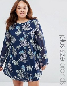 Короткое приталенное платье с цветочным принтом Yumi Plus - Темно-синий