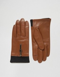 Кожаные перчатки на молнии с кольцом и с отделкой в рубчик ASOS - Коричневый