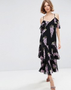 Платье макси с рюшами и цветочным принтом ASOS Premium - Мульти