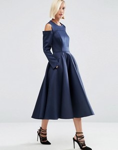 Платье миди из нетканого атласа с открытыми плечами ASOS WHITE - Темно-синий