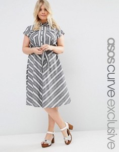 Платье-рубашка миди в полоску с завязкой ASOS CURVE - Мульти