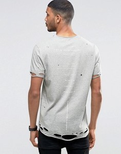 Рваная длинная футболка с текстовым принтом на спине ASOS - Серый