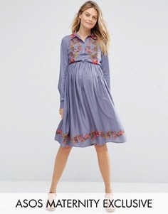 Короткое платье на пуговицах с вышивкой для беременных ASOS Maternity - Синий