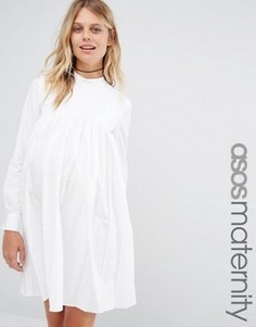 Плиссированное хлопковое платье для беременных с длинными рукавами ASOS Maternity - Белый