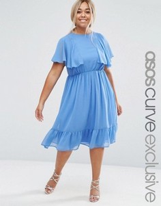 Чайное платье миди с рукавами‑бабочка и рюшами ASOS CURVE - Синий