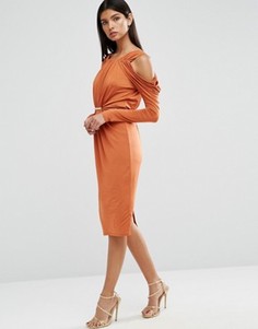 Платье миди с драпировкой и вырезами на плечах ASOS - Оранжевый
