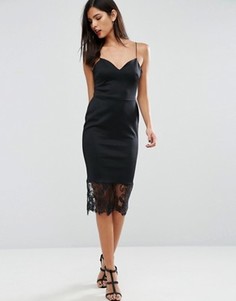 Облегающее платье миди с глубоким вырезом и кружевной отделкой ASOS - Черный