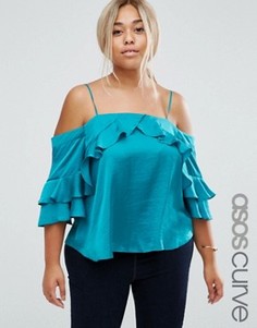 Атласный топ с открытыми плечами и рукавами‑рюшами ASOS CURVE - Зеленый