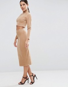 Телесная вельветовая юбка миди ASOS Co-ord - Коричневый