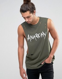 Футболка без рукавов с принтом Anarchy и рваной отделкой ASOS - Зеленый