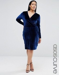 Бархатное платье-футляр с запахом ASOS CURVE - Темно-синий