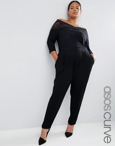 Комбинезон с рукавами 3/4 и кружевом ASOS CURVE - Черный