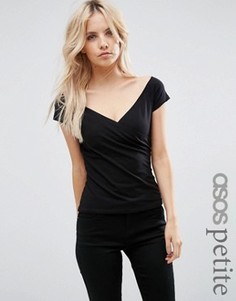 Топ с запахом и короткими рукавами ASOS PETITE - Черный