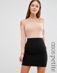 Топ с решетчатой горловиной и длинными рукавами ASOS PETITE - Stone