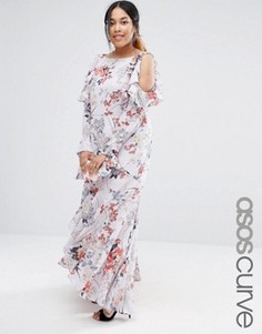 Серое платье макси с длинными рукавами и открытыми плечами ASOS CURVE - Серый